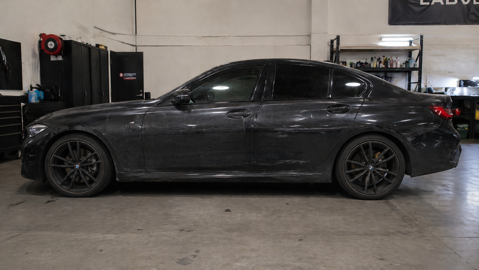 Før behandling, sort BMW med swirls og smuss