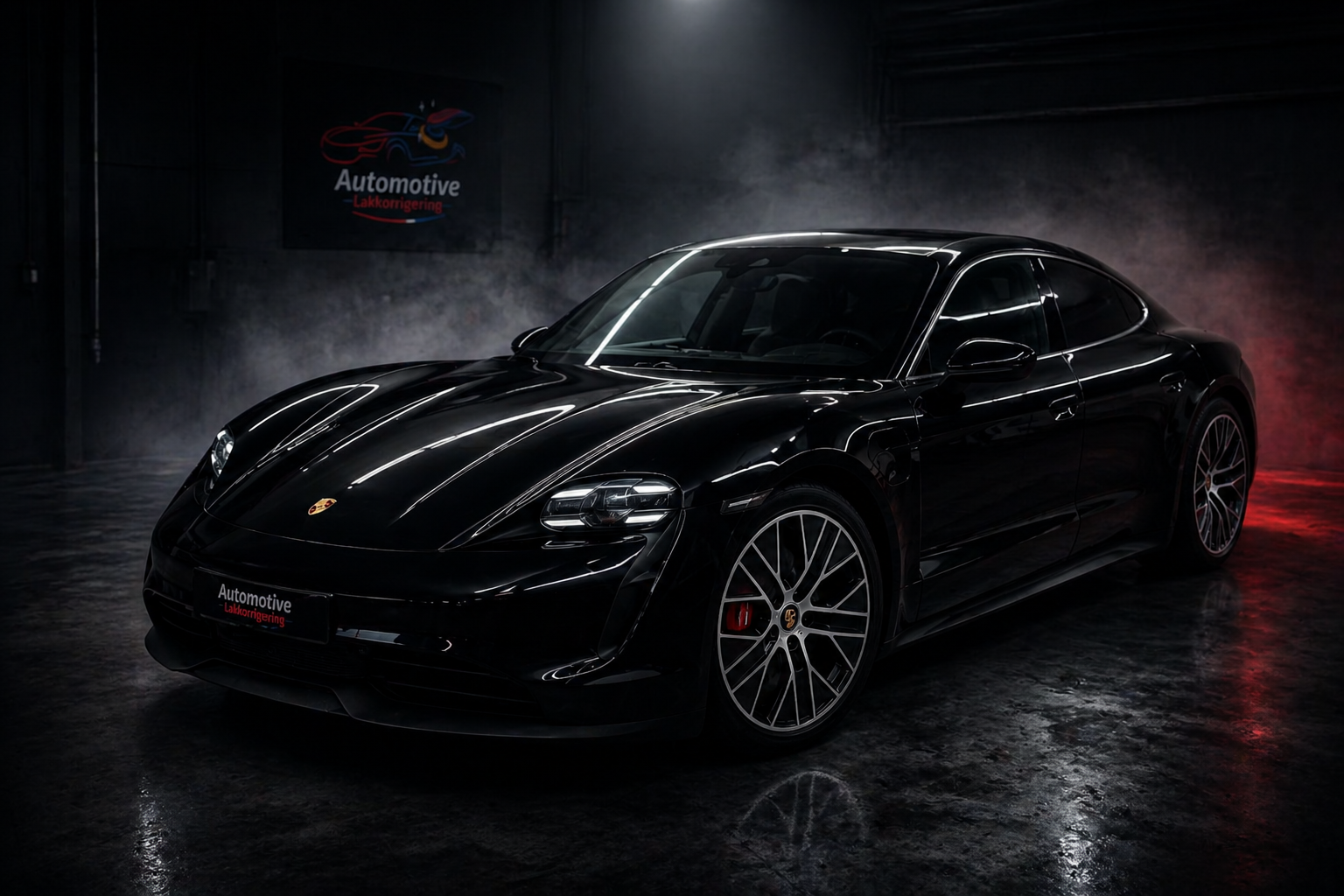 Sort Porsche Taycan etter lakkorrigering og keramisk coating hos Automotive Lakkorrigering Drammen